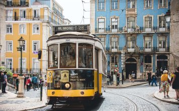 Gas Prices Spain Protugal: A yellow cable car runs through the City of Porto